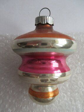 Shiny Brite Atomic Orange  Pink Stripe Tornado UFO Glass Christmas Ornament Vtg